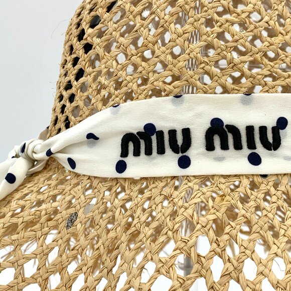 H17887 MiuMiu yellow logo letter polka dot woven straw hat Hat circumference 56c
